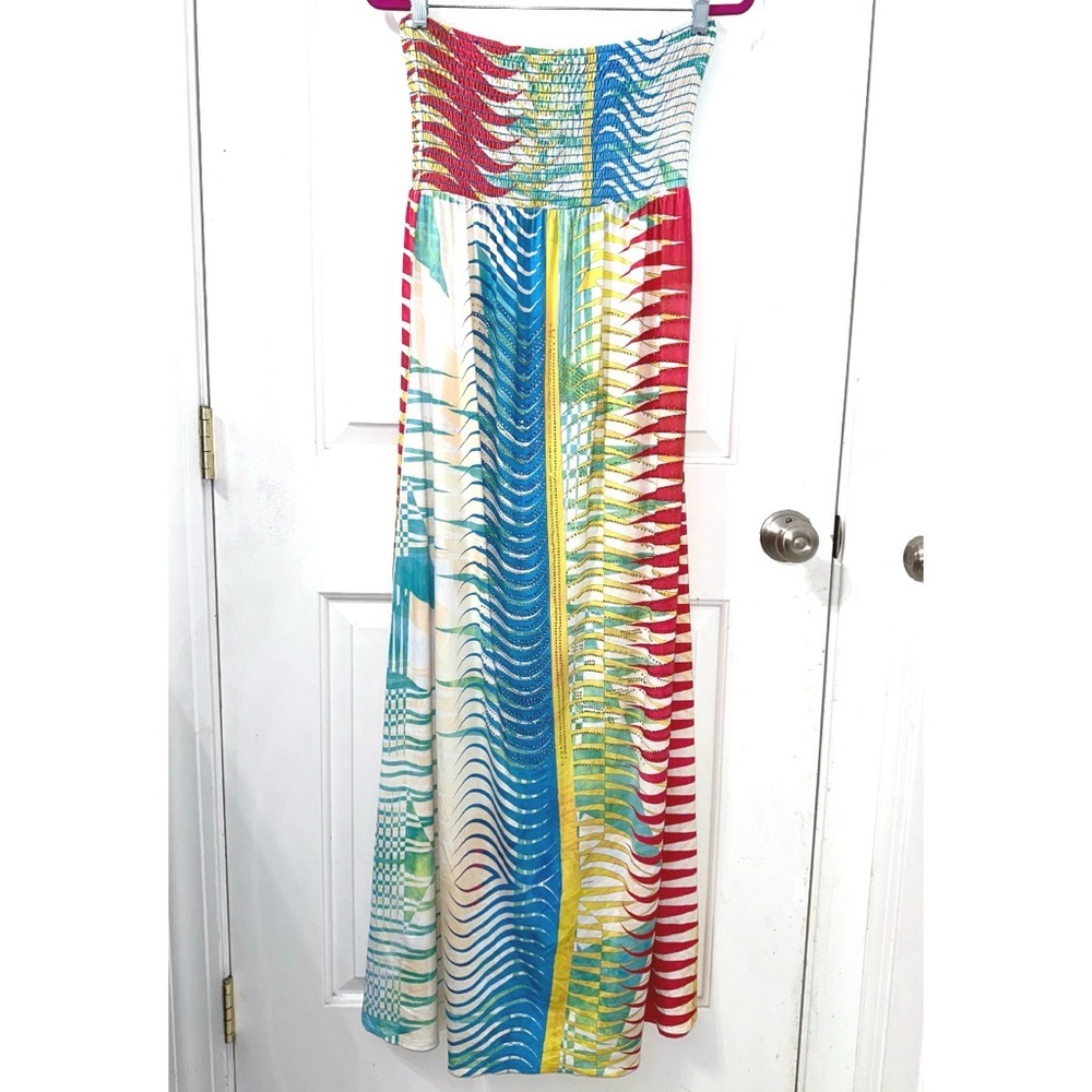 S-Twelve colorful strapless maxi dress with colorful geometric print
